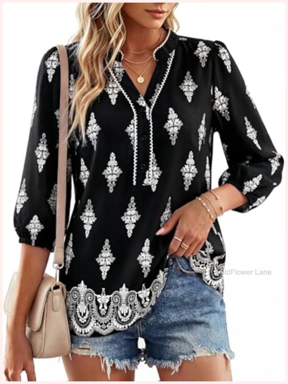 Women's Floral Boho Blouse 3/4 Sleeve V-Neck Button Up Casual Top